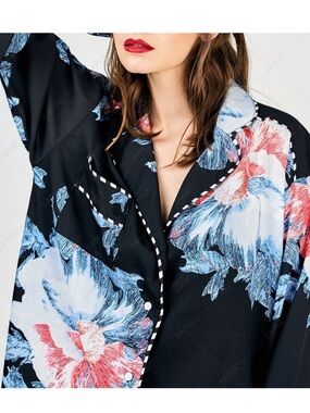 Free People Boho Floral Contrast Stitch Pajama Style Button Down Blouse Top Sz S